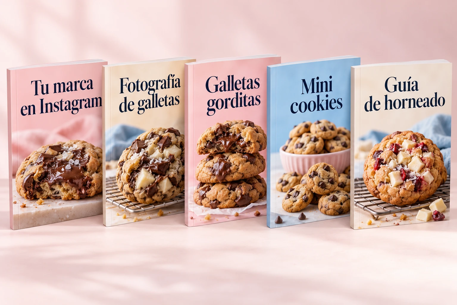 Mockups de las cinco guías digitales incluidas: marca, fotografía, galletas gorditas, mini cookies y horneado
