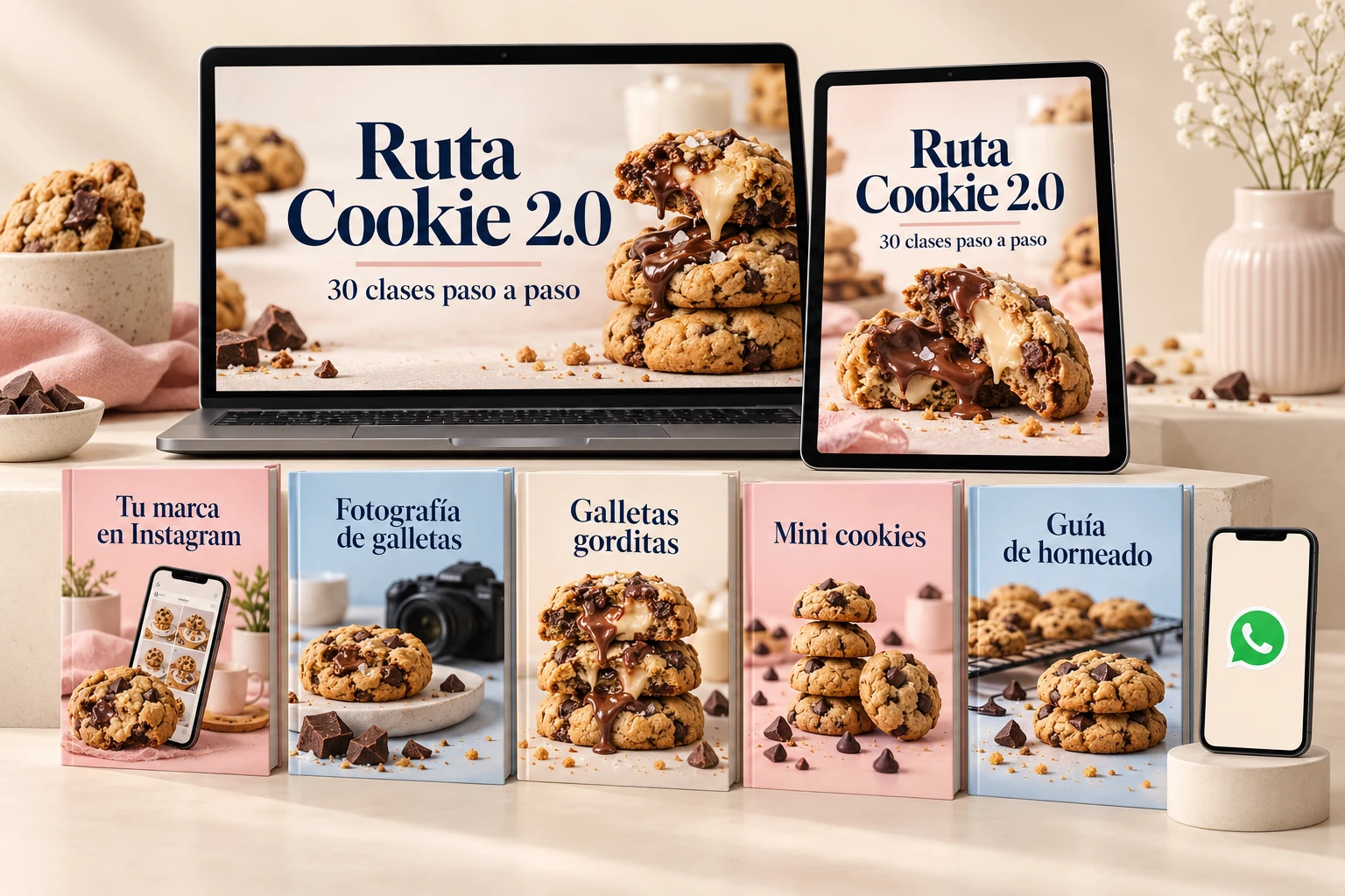 Mockup del curso Ruta Cookie 2.0 en dispositivos junto a las cinco guías y el acceso al soporte