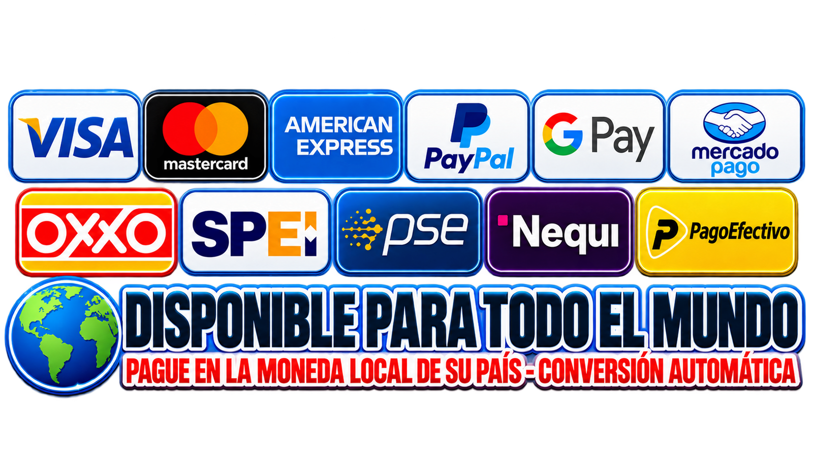 Métodos de pago: Visa, Mastercard, American Express, PayPal, Google Pay, Mercado Pago, OXXO, SPEI, PSE, Nequi y PagoEfectivo